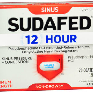 SUDAFED Sinus Congestion Pseudoephedrine HCl Coated Caplets Maximum Strength 12 Hour 20 EA